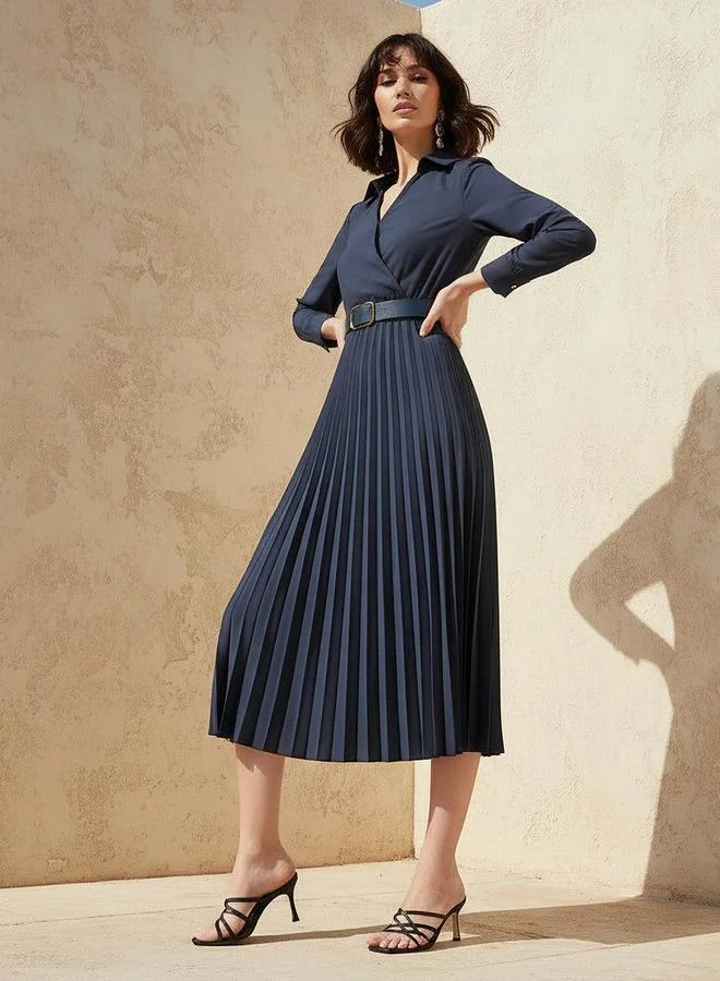 Midi Shirt Dress with Belt navy blue
