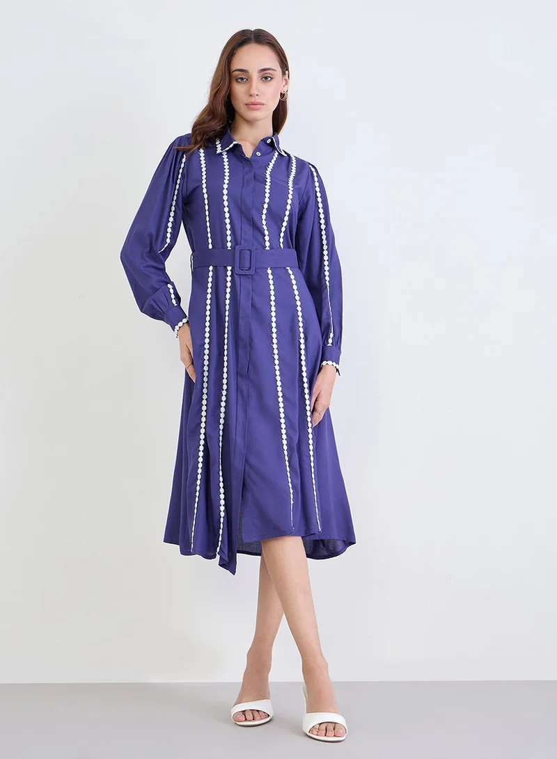 Solid Long Sleeves Shirt Midi Dress Blue