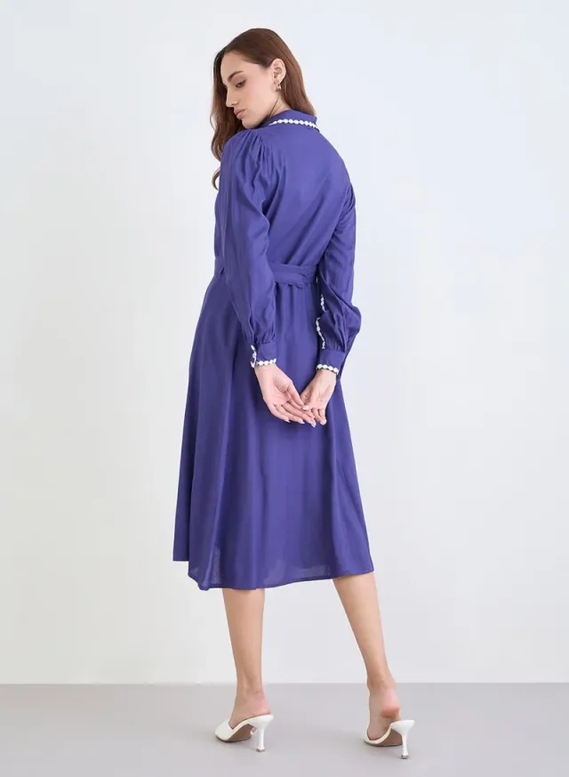 Solid Long Sleeves Shirt Midi Dress Blue – image 4