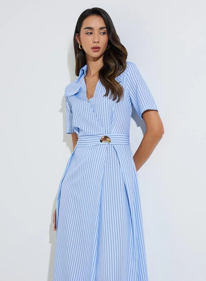 Solid Long Sleeves Shirt Midi Dress Blue