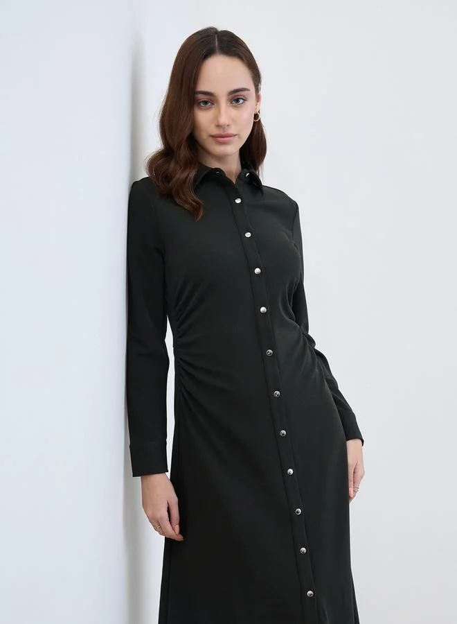 Solid Long Sleeves Shirt Midi Dress Blue