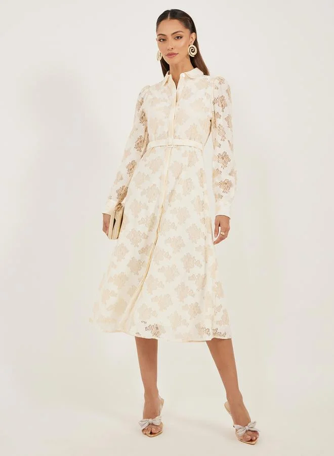 Belted Tweed Midi Dress ivory white