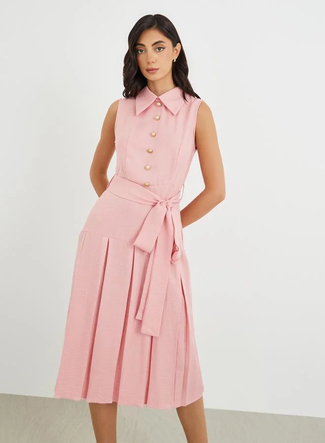 Belted Tweed Midi Dress ivory white