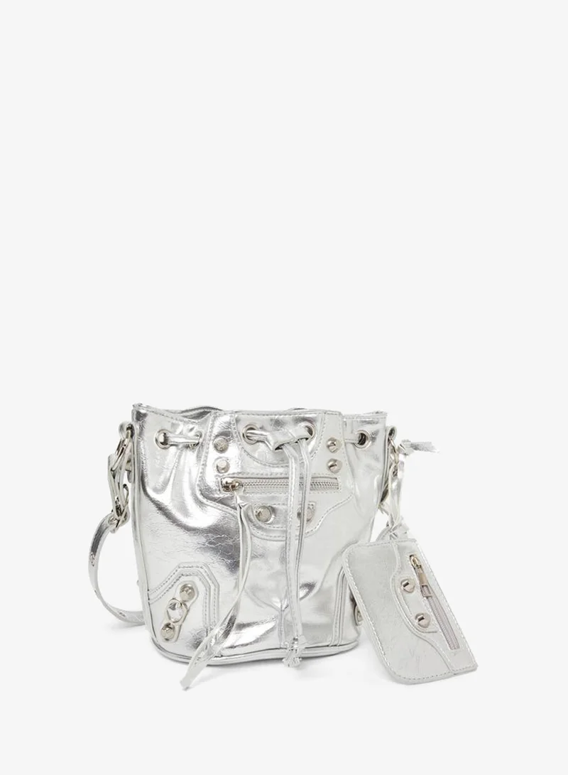 Metallic Studded Drawstring Bucket Bag Silver