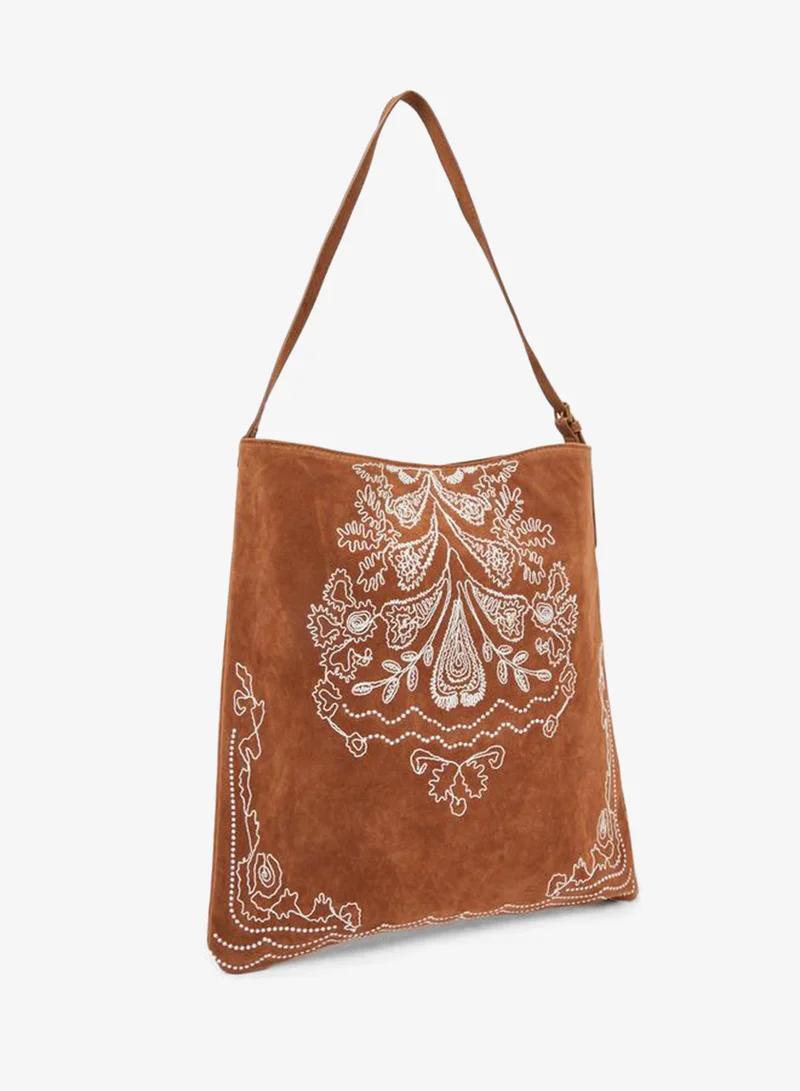 Embroidered Suede Hobo Bag Brown