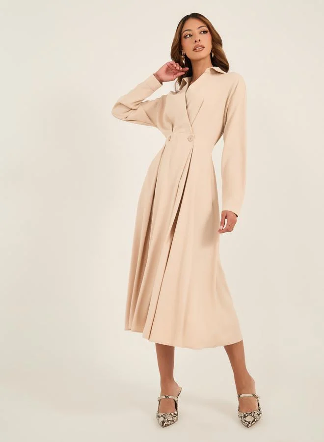 Solid Pleated Wrap Shirt Midi Dress Beige, Light Brown