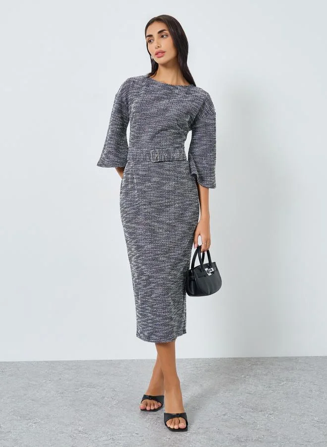 Tweed Bell Sleeve Belted Midi Dress black