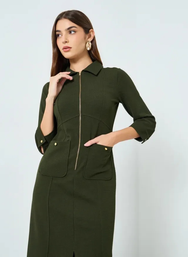 Women's 3/4-Sleeve Shirt Midi Dress Olive – image 2