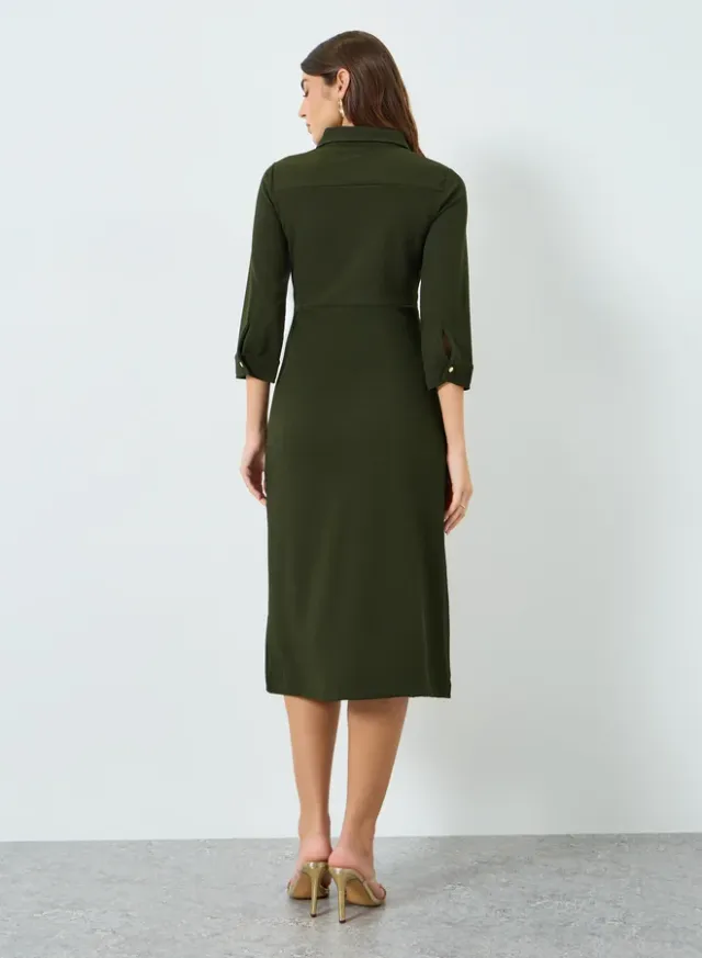 Women's 3/4-Sleeve Shirt Midi Dress Olive – image 4