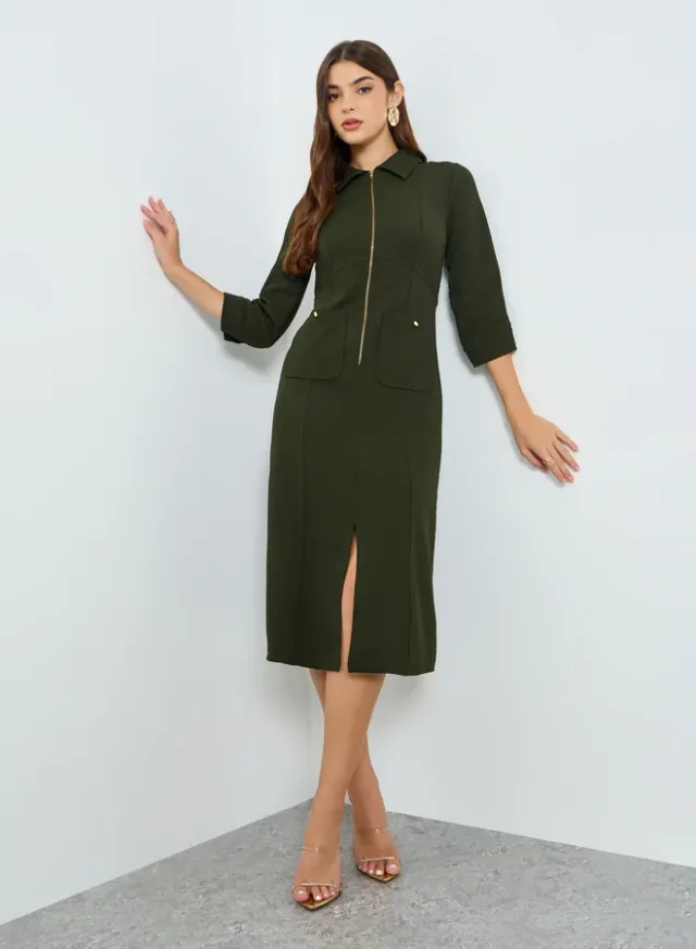 Women's 3/4-Sleeve Shirt Midi Dress Olive – image 5