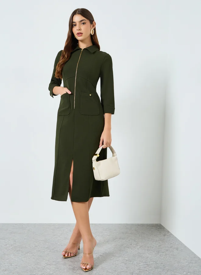 Women's 3/4-Sleeve Shirt Midi Dress Olive