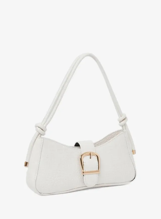 Croc-Textured Buckle Shoulder Bag White