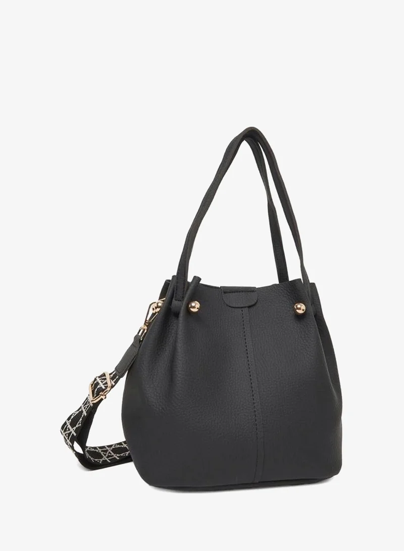 Faux Leather Woven Strap Bucket Bag Black