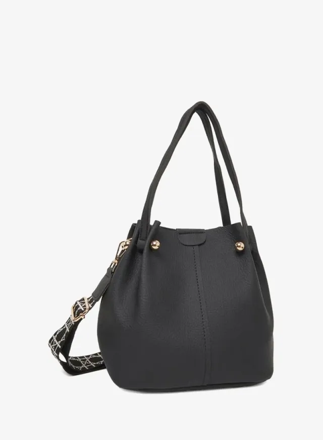 Faux Leather Woven Strap Bucket Bag Black