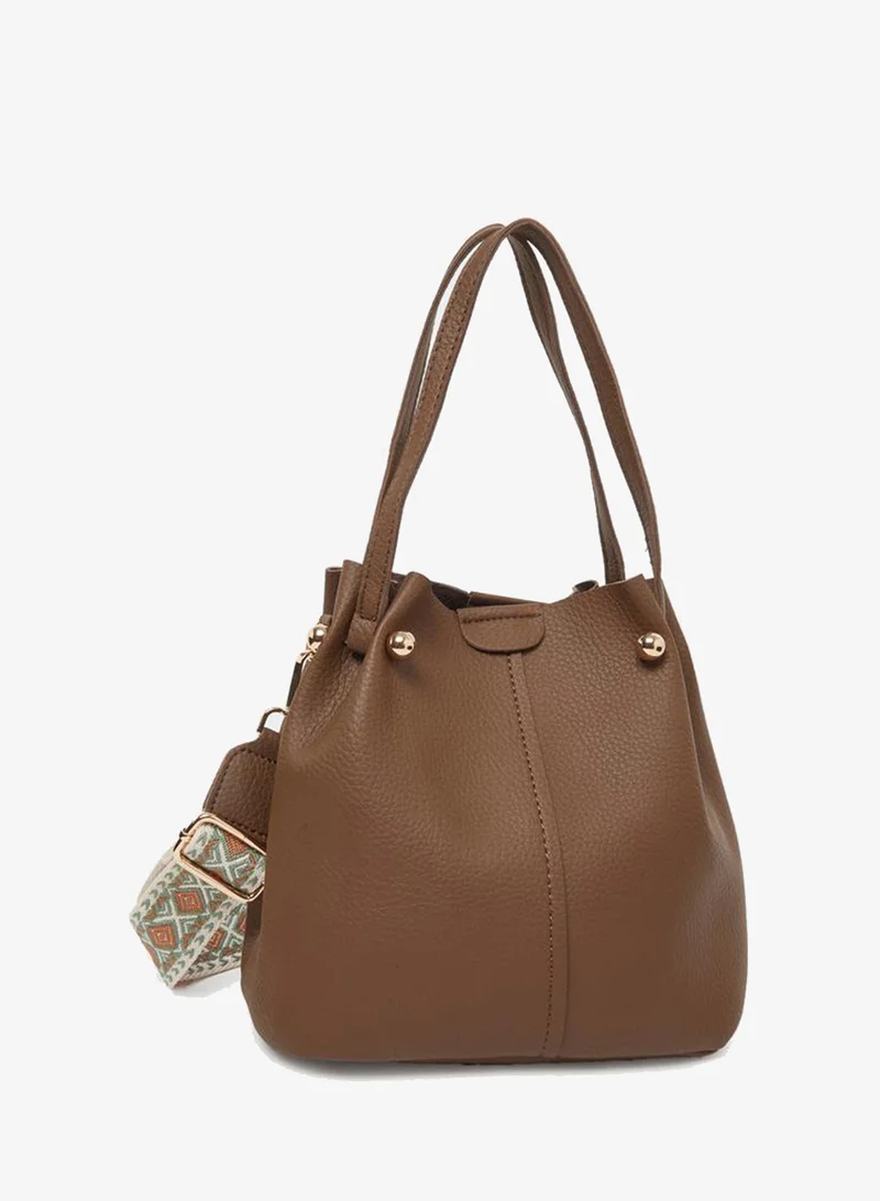Faux Leather Woven Strap Bucket Bag Black