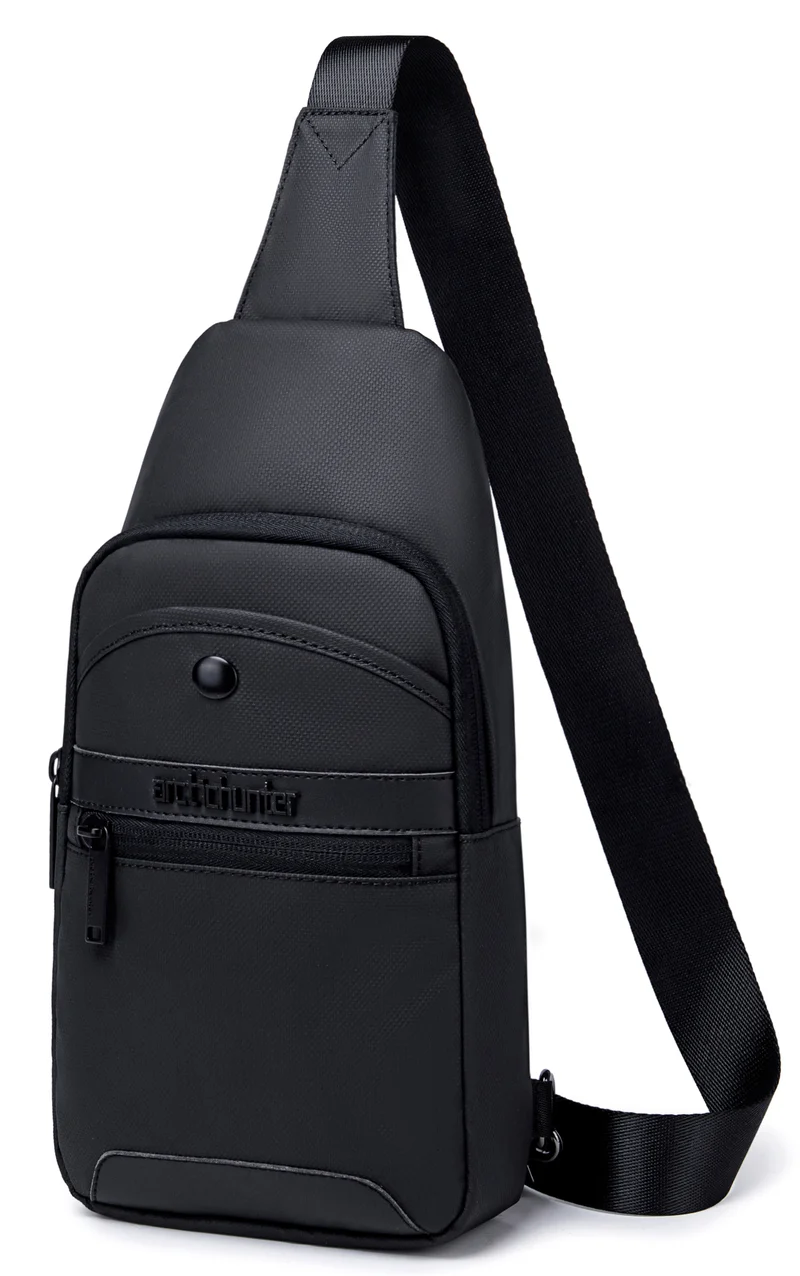 Small Water Resistant Sling Shoulder Daypack with Earphone Jack & Shock Proof Compartments, Black