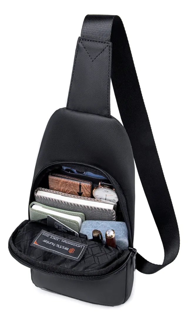 Small Water Resistant Sling Shoulder Daypack with Earphone Jack & Shock Proof Compartments, Black – image 5