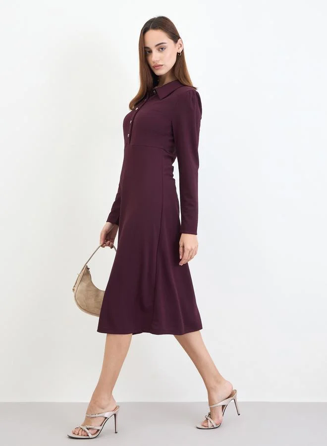 Polo Neck A-Line Midi Dress Burgundy