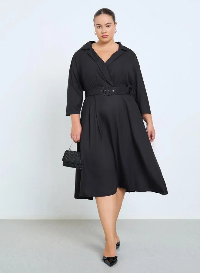 Plus Size Belted A-Line Midi Dress black