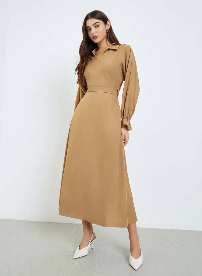 Women Long Sleeve A-Line Midi Dress, camel