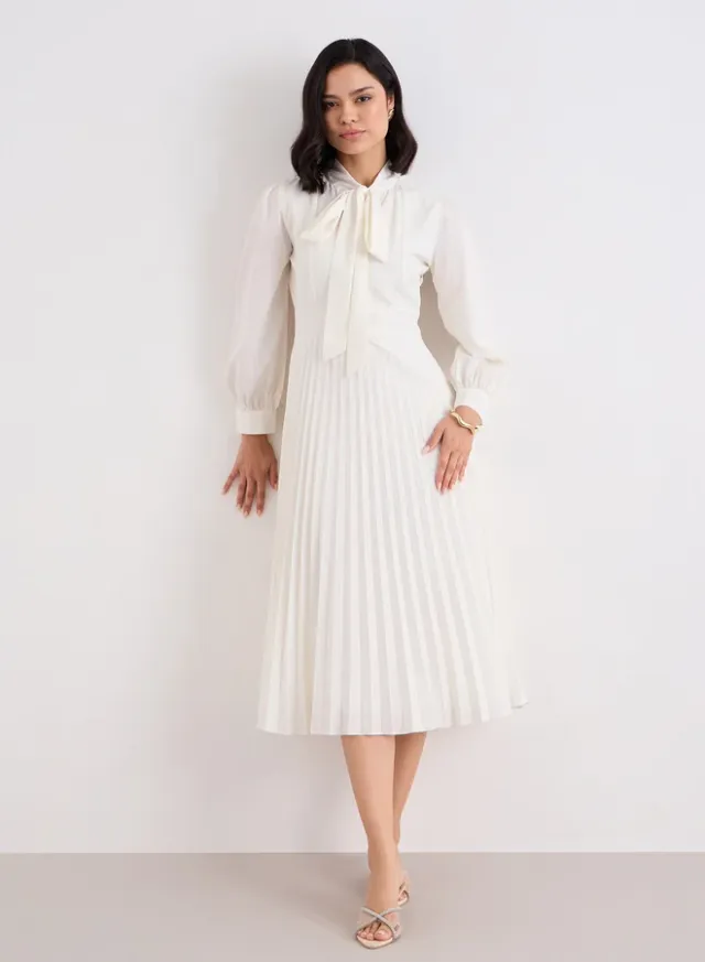 Pleated Tie-Up Neck Midi Dress, ivory – image 2