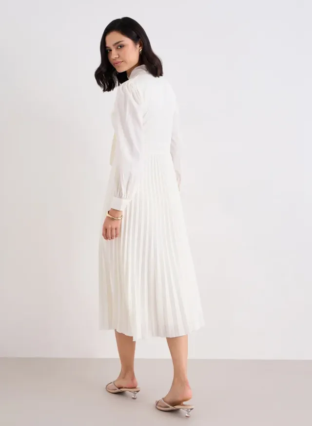 Pleated Tie-Up Neck Midi Dress, ivory – image 4