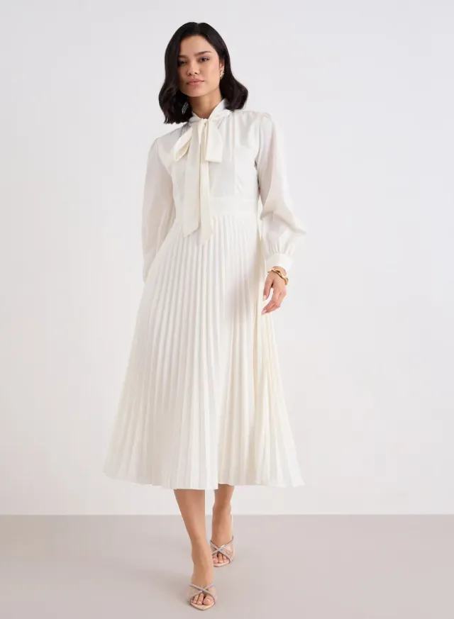 Pleated Tie-Up Neck Midi Dress, ivory – image 5