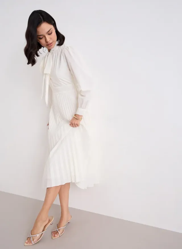 Pleated Tie-Up Neck Midi Dress, ivory – image 6