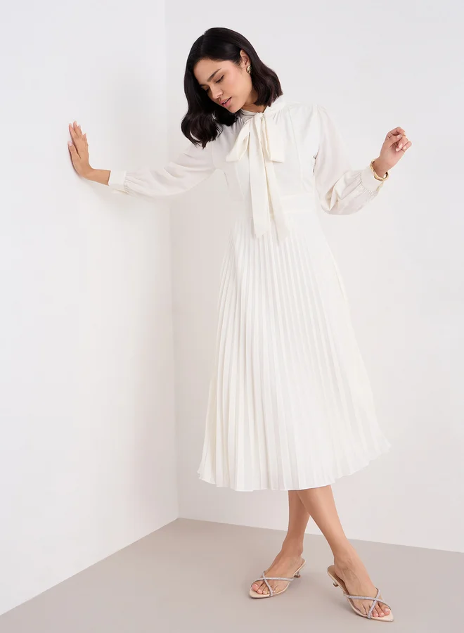 Pleated Tie-Up Neck Midi Dress, ivory