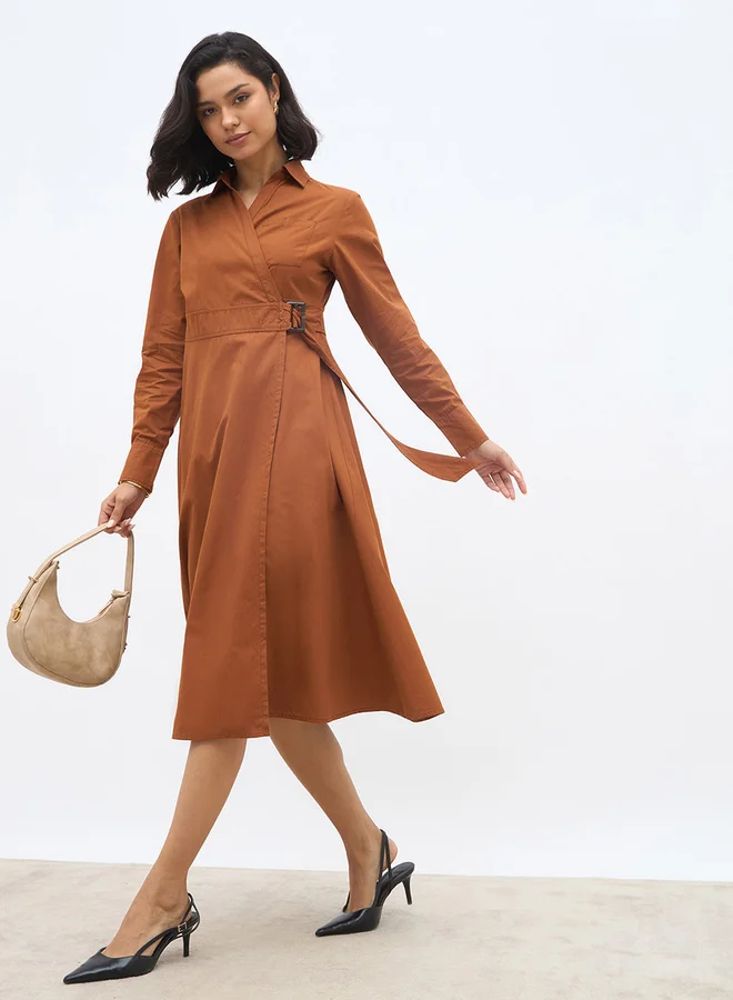 Women Long Sleeve Wrap Midi Dress, green and white