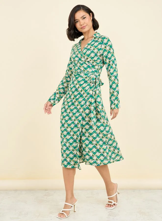 Women Long Sleeve Wrap Midi Dress, green and white