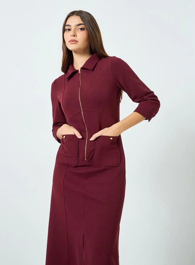 Women's Shirt Midi Dress 3/4-Sleeve Burgundy