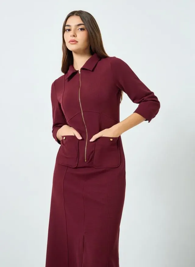 Women's Shirt Midi Dress 3/4-Sleeve Burgundy