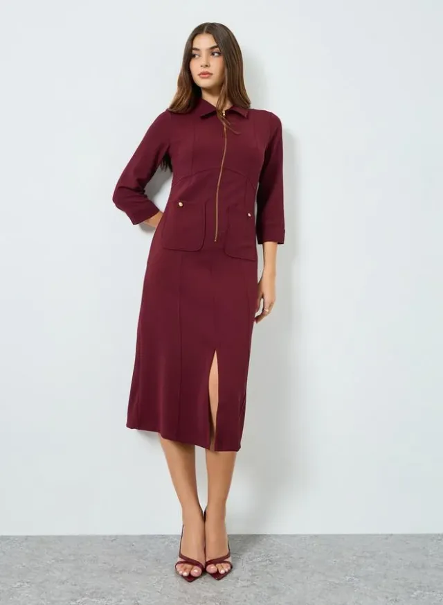 Women's Shirt Midi Dress 3/4-Sleeve Burgundy – image 4