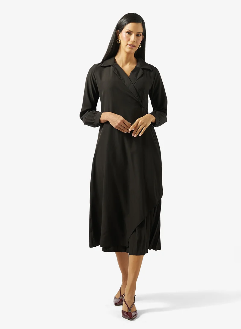 Pleated Wrap Dress, Black