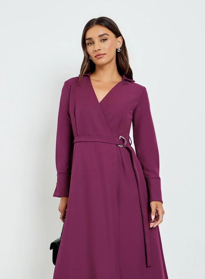 Long-Sleeve Wrap Midi Dress, Purple