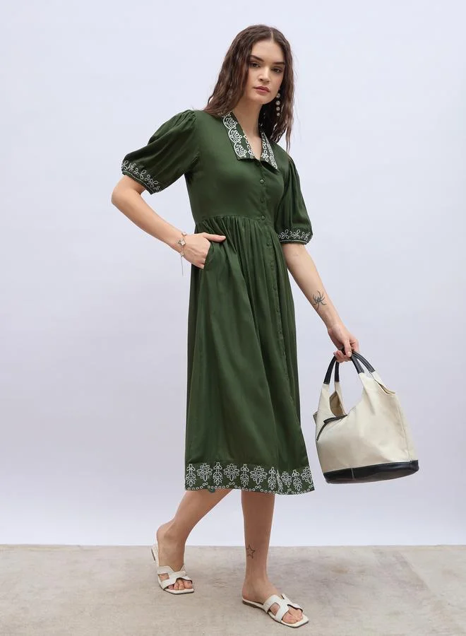 Belted Tweed Midi Dress olive green