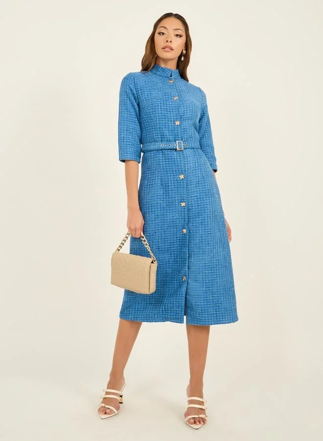 Belted Tweed Midi Dress olive green
