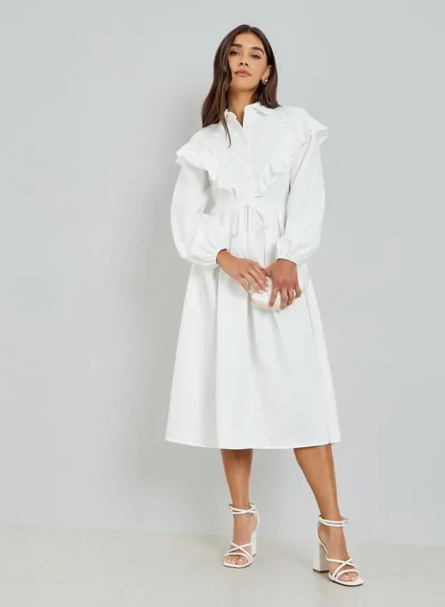 Buttoned Long Sleeve Midi Dress white