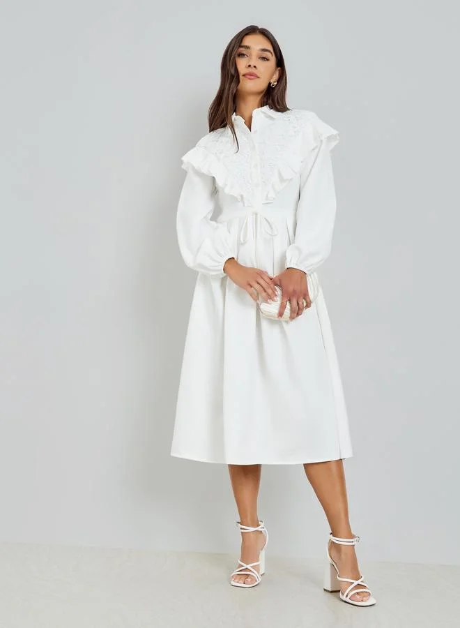 Buttoned Long Sleeve Midi Dress white