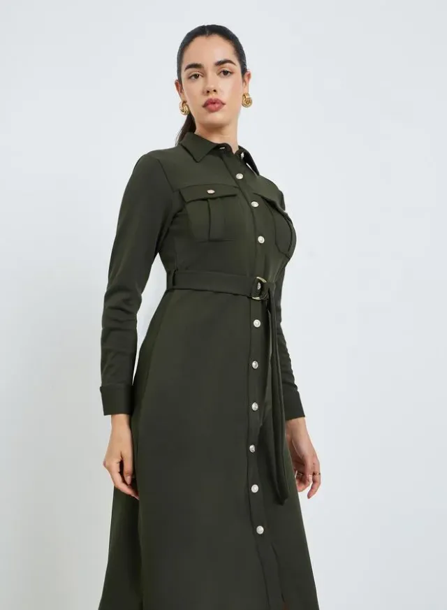 Buttoned Long Sleeve Midi Dress white