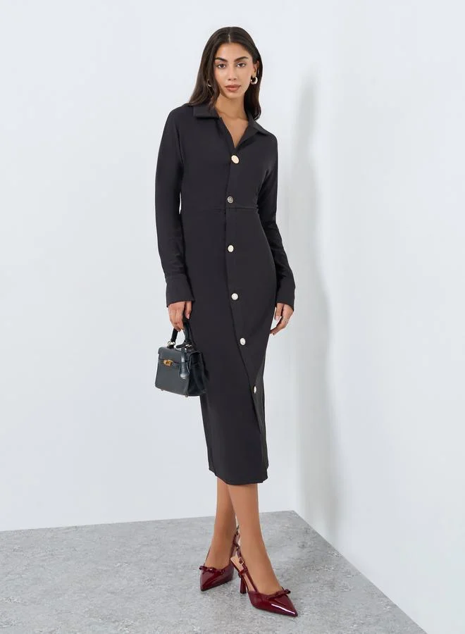 Buttoned Long Sleeve Midi Dress white