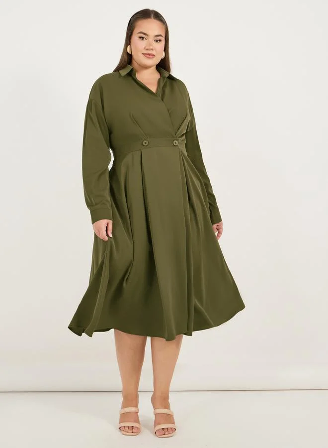 Plus Wrap Front Shirt Midi Dress olive green