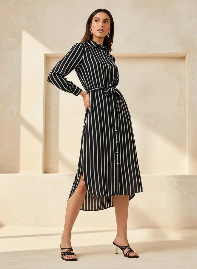 Striped Tie-Up Women Shirt Dress black and white