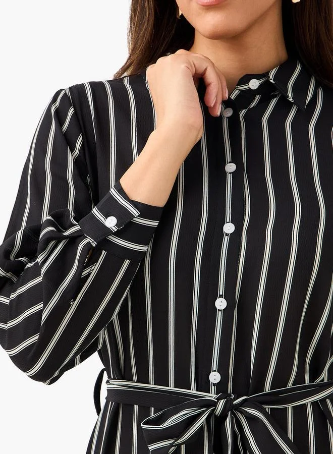 Striped Tie-Up Women Shirt Dress black and white