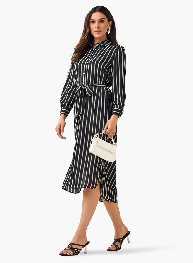 Striped Tie-Up Women Shirt Dress black and white