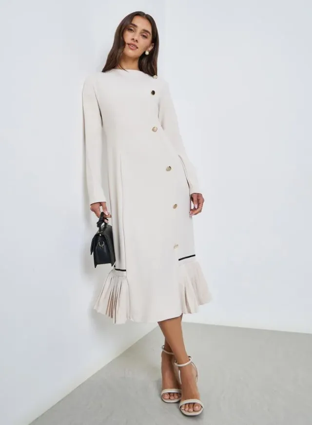 Ruffled Hem Buttoned Midi Dress cream
