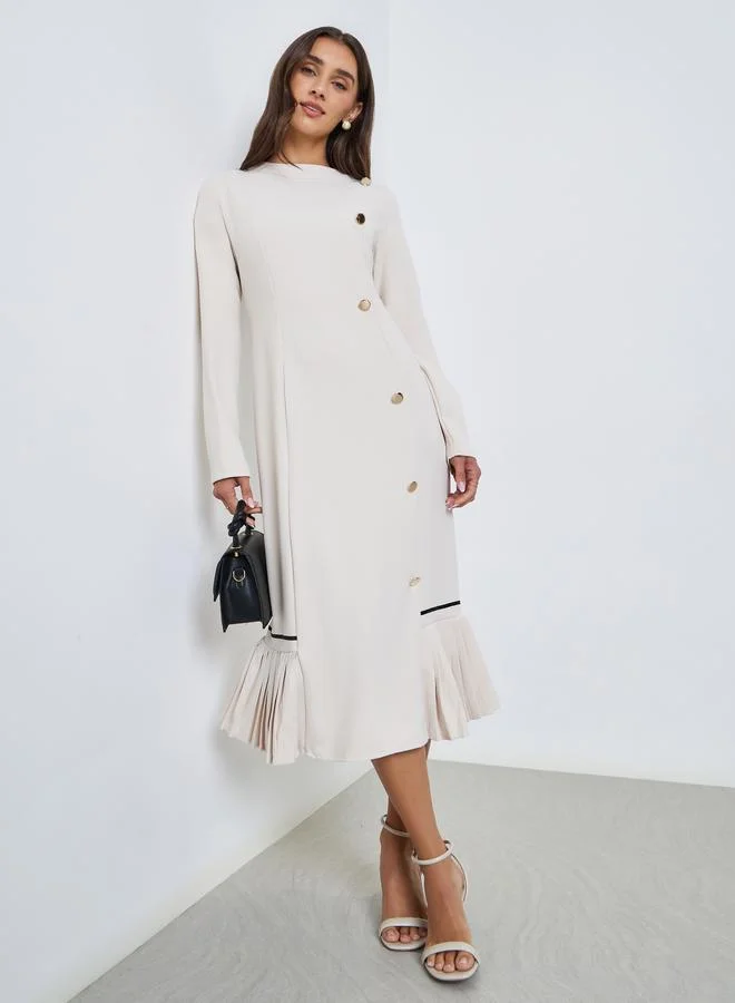 Ruffled Hem Buttoned Midi Dress cream