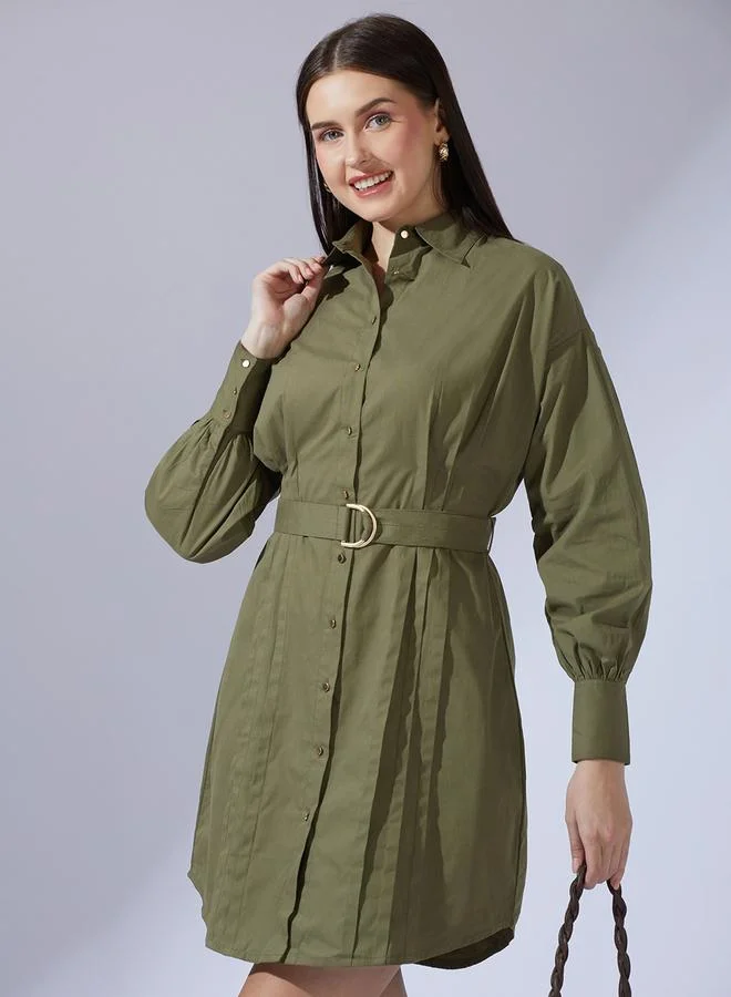 Collared Pleated Mini Dress with Belt olive green