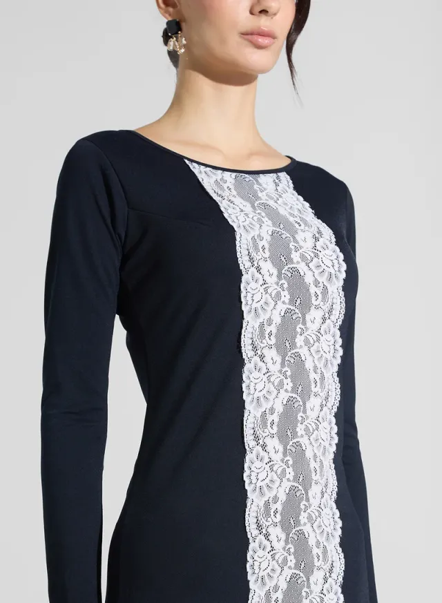 Lace Panel Sheath Dress Navy Blue – image 3